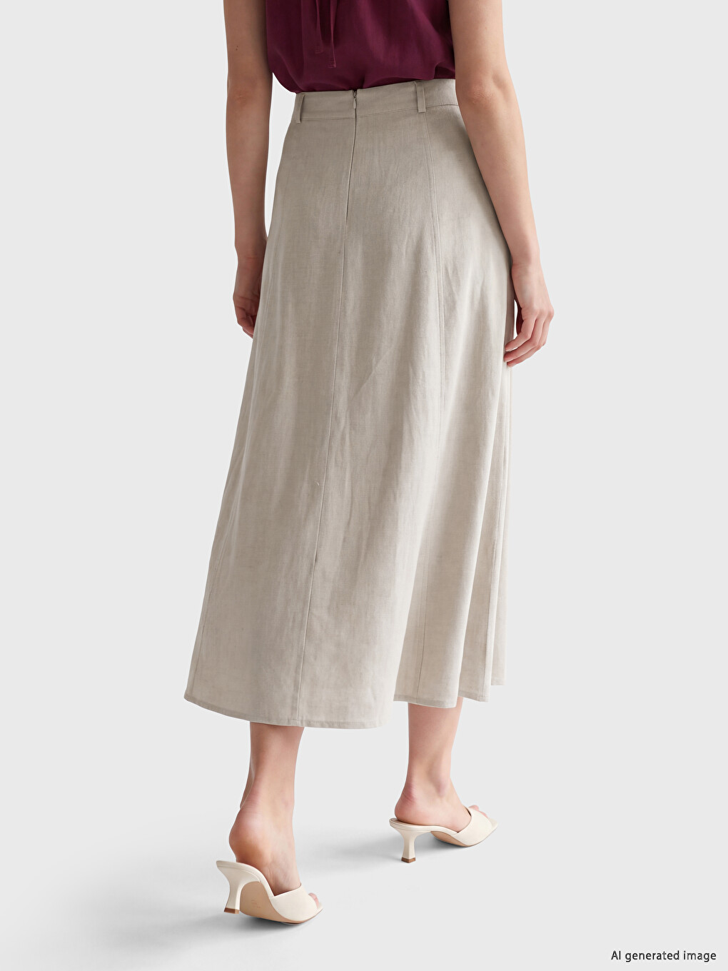Linen Blend A-line Flared Skirt-3