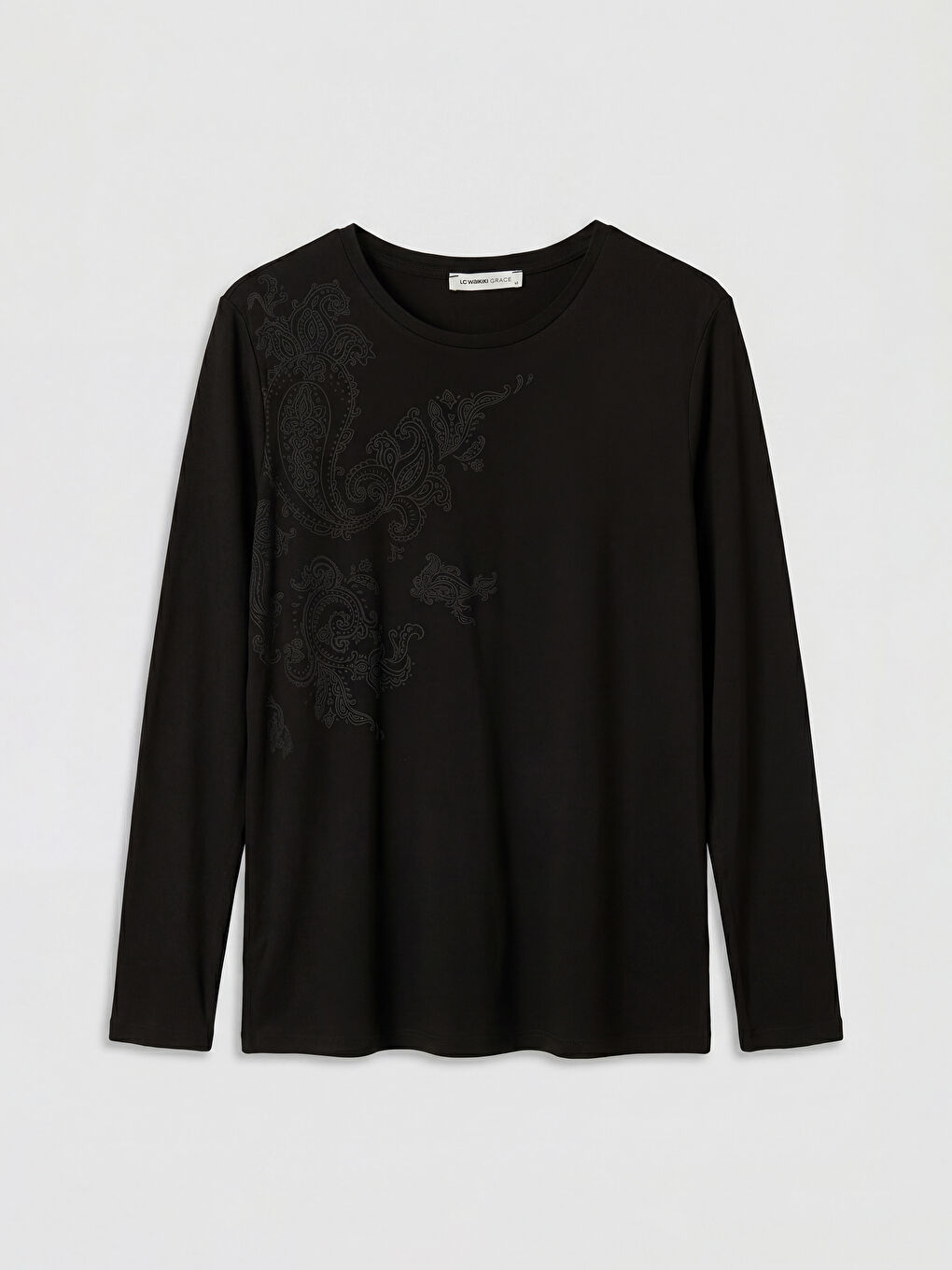 Siyah Bisiklet Yaka Baskılı Kadın Tişört