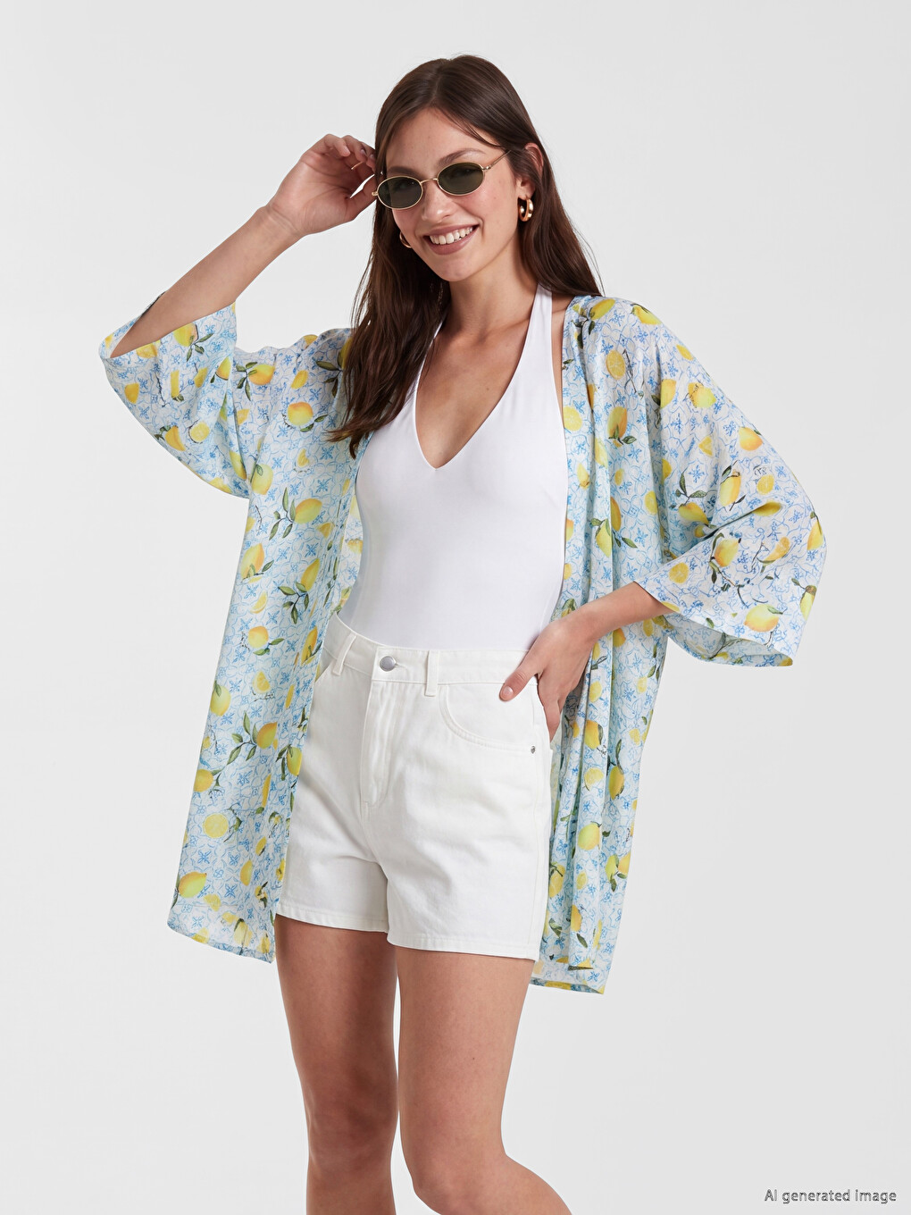 Mavi Limon Desenli Kadın Kimono-1