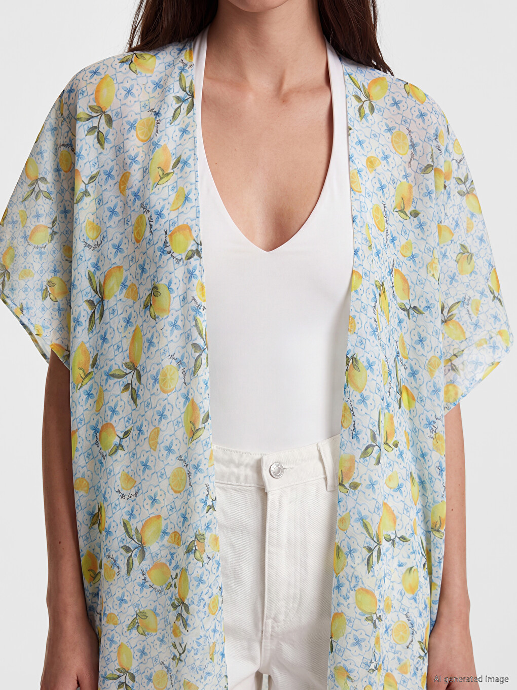 Mavi Limon Desenli Kadın Kimono-2