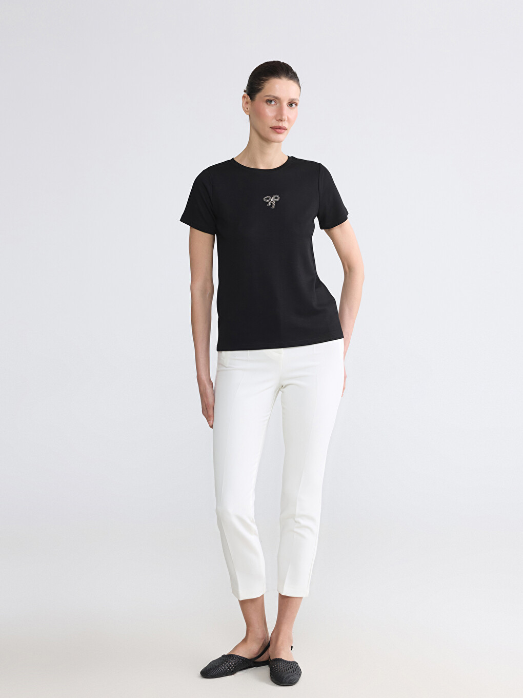 Bow Embellished Soft Touch Women's T-Shirt-1
