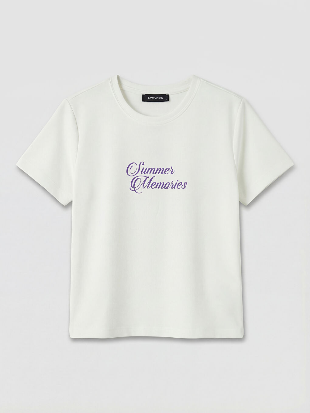 Ekru Bisiklet Yaka Baskılı Kadın Tişört