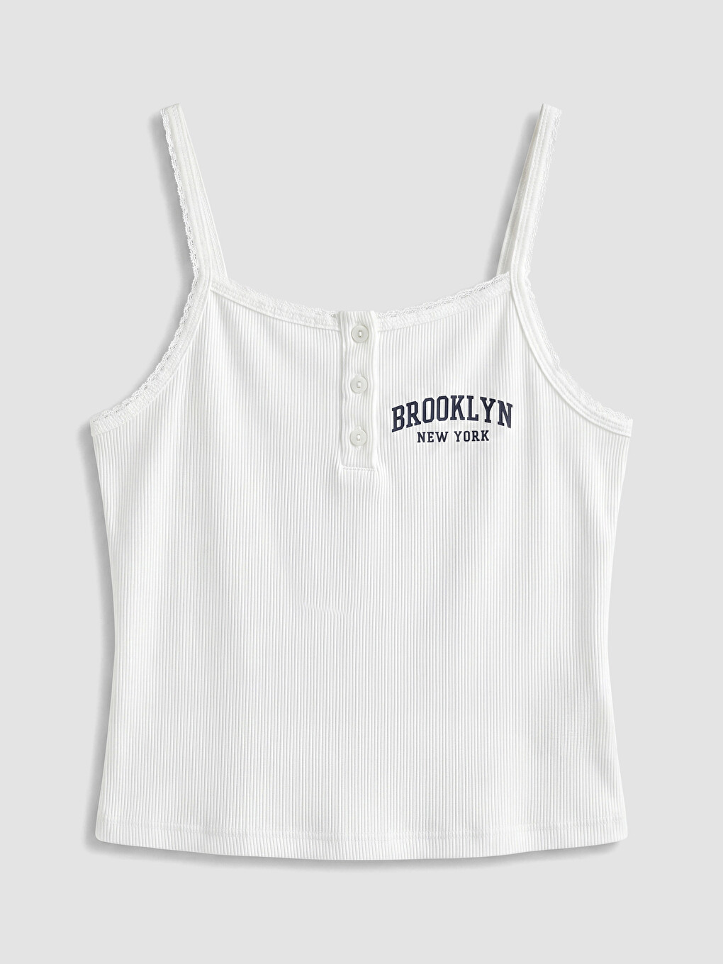 Beyaz Brooklyn Baskılı İp Askılı Kadın Fitilli Crop