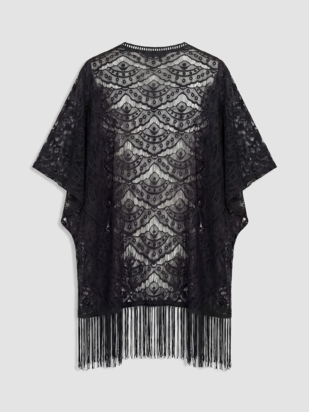 Siyah Şal Yaka Dantelli Saçaklı Kadın Kimono-2