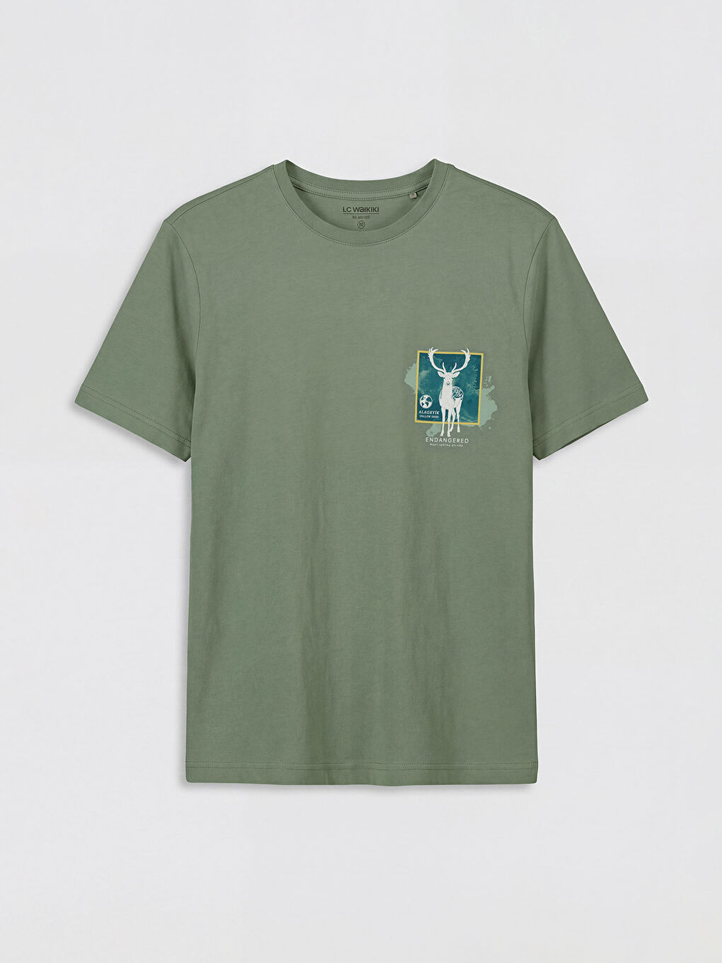 Haki Bisiklet Yaka Baskılı Penye Erkek Tişört