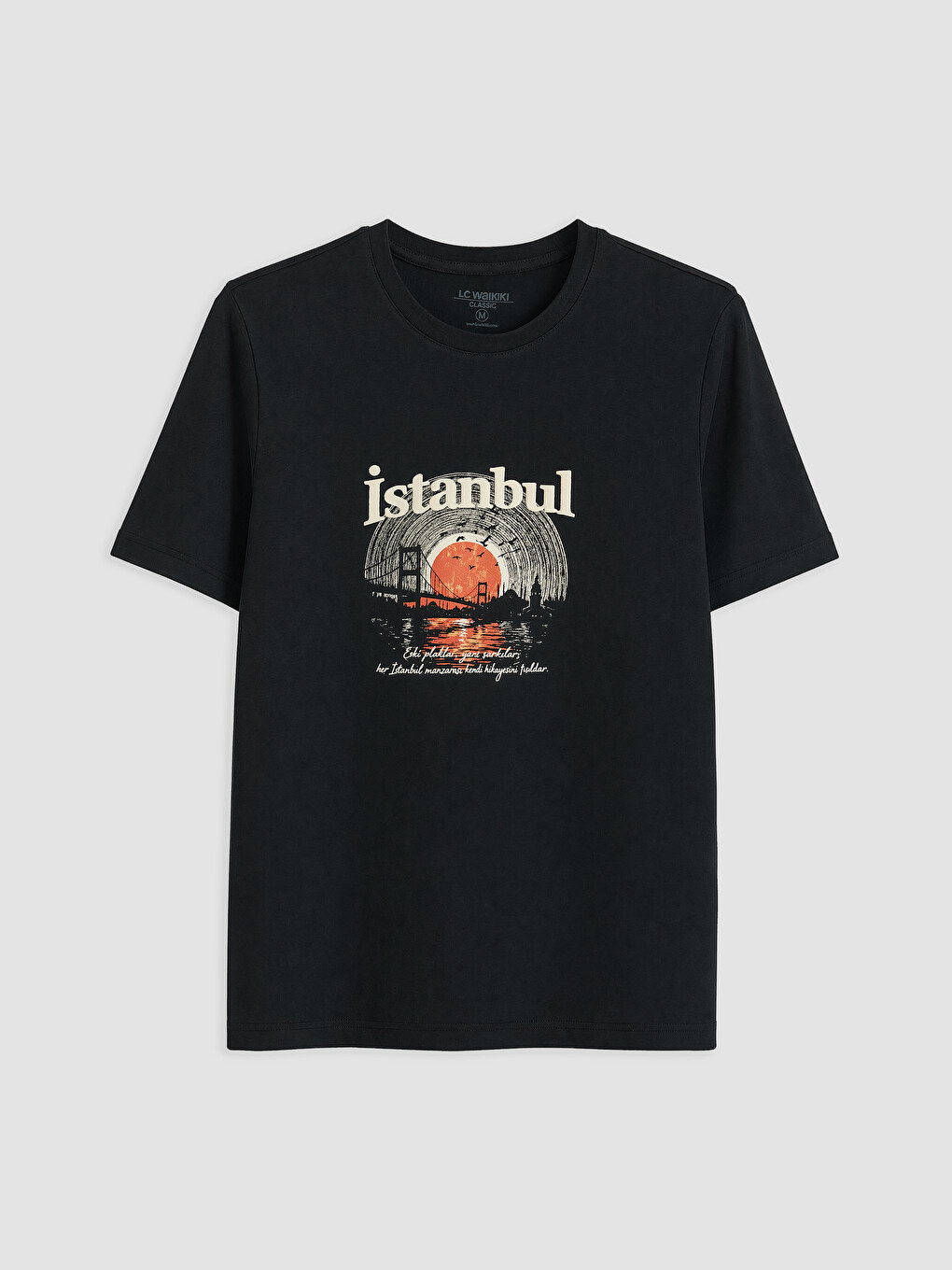 Siyah Bisiklet Yaka İstanbul Baskılı Erkek Tişört-3