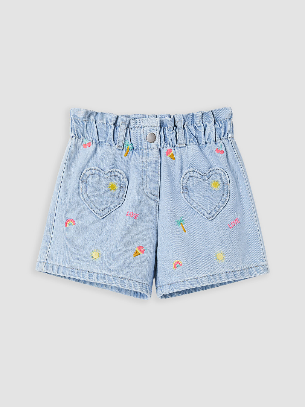 Mavi Beli Lastikli Nakışlı Kız Çocuk Jean Şort