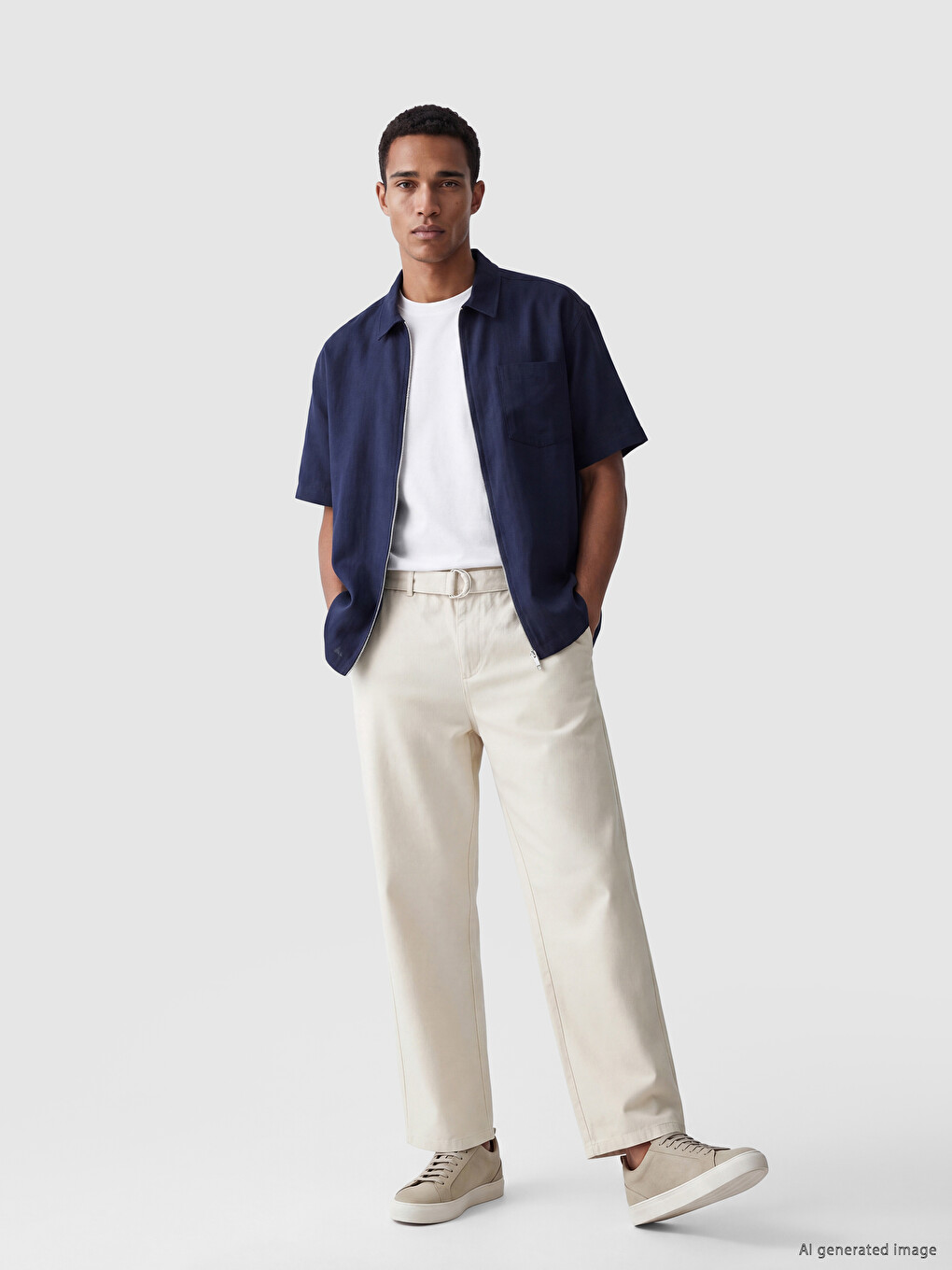 Ekru Regular Fit Kemerli Erkek Pantolon-3