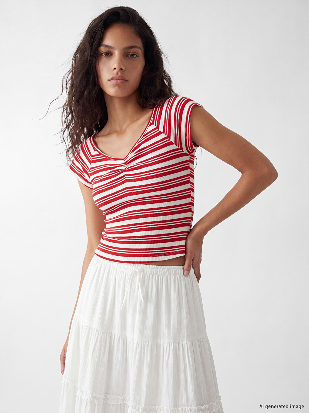V Neck Striped Ruched Blouse
