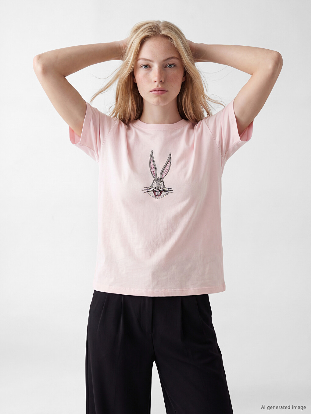 Pembe Bugs Bunny Baskılı %100 Pamuklu Kadın Tişört