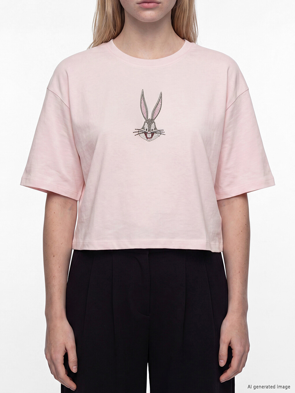 Pembe Bugs Bunny Baskılı %100 Pamuklu Kadın Tişört-2