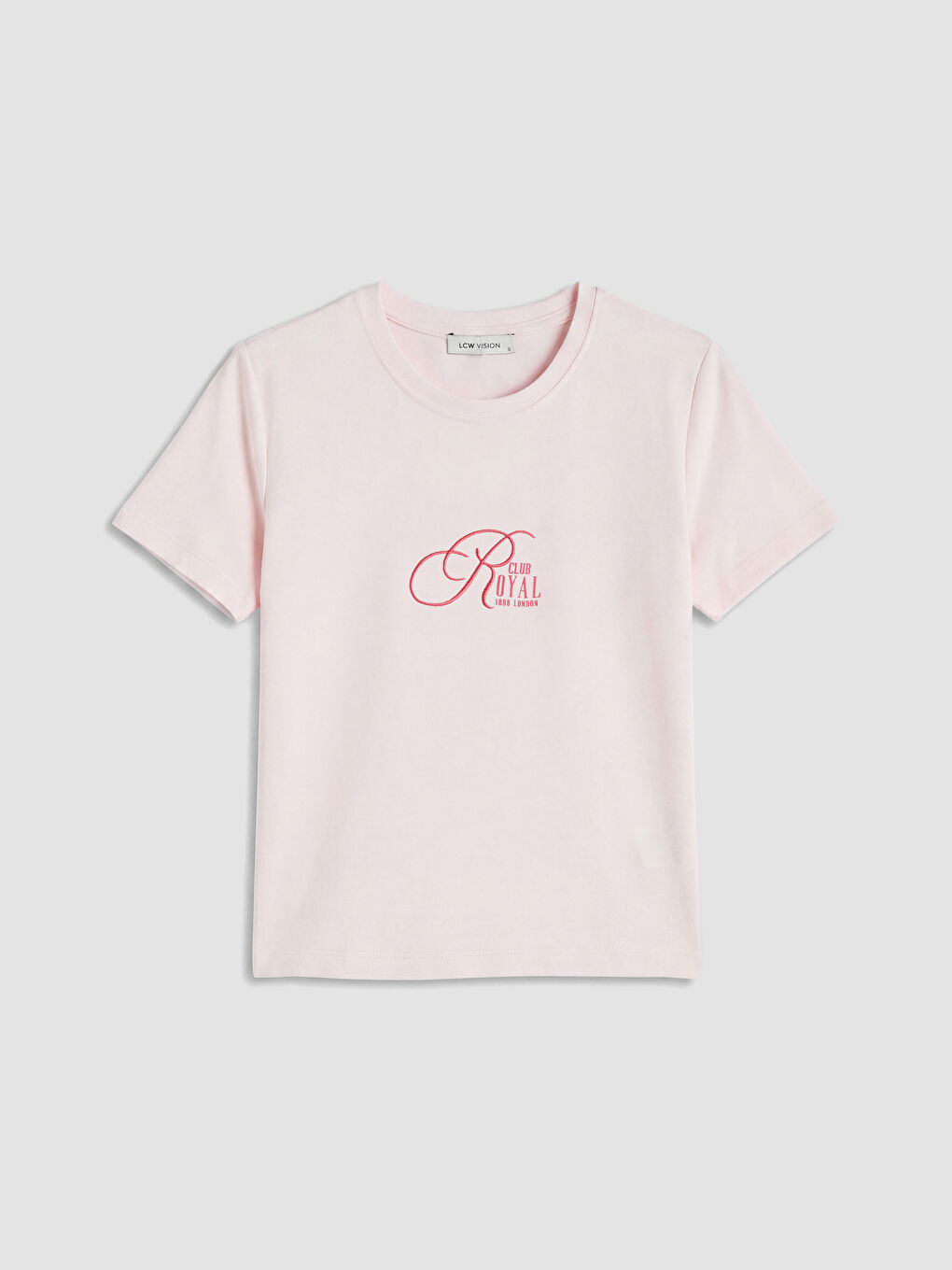 Pembe Bisiklet Yaka Nakışlı Kadın Tişört
