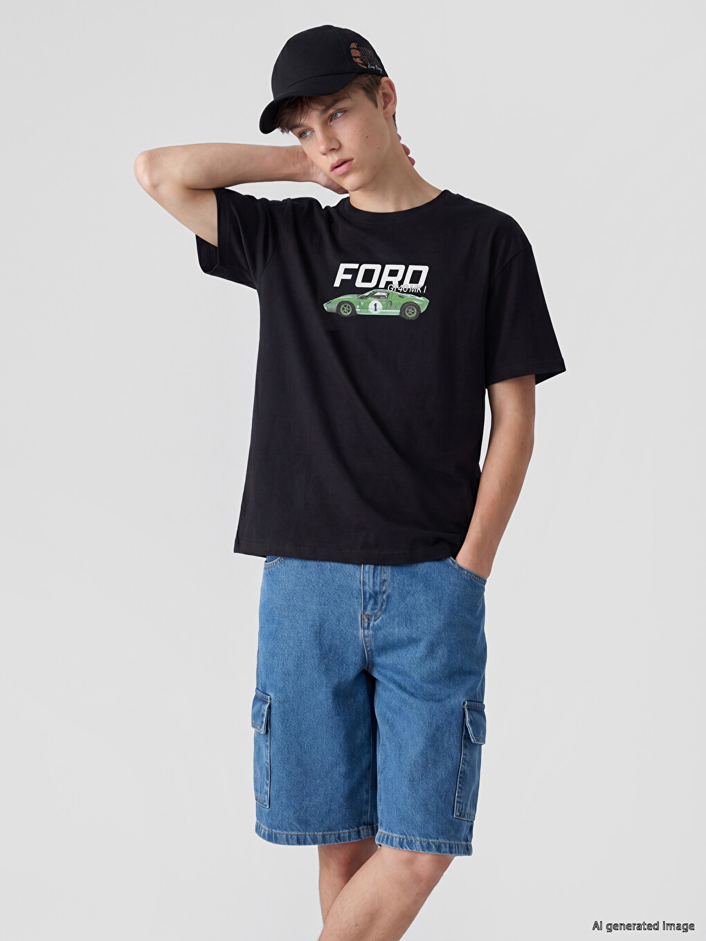 Siyah Bisiklet Yaka Ford Baskılı Erkek Çocuk Tişört-1