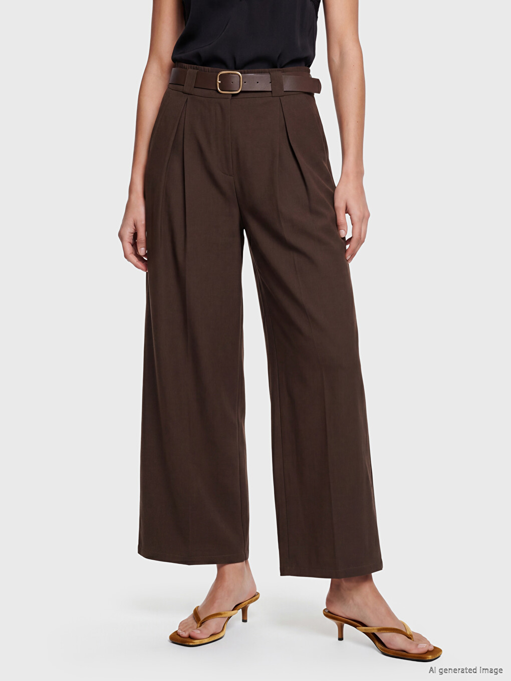 Belted Pleated Women's Fabric Trousers-1