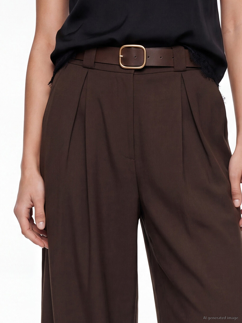 Belted Pleated Women's Fabric Trousers-2