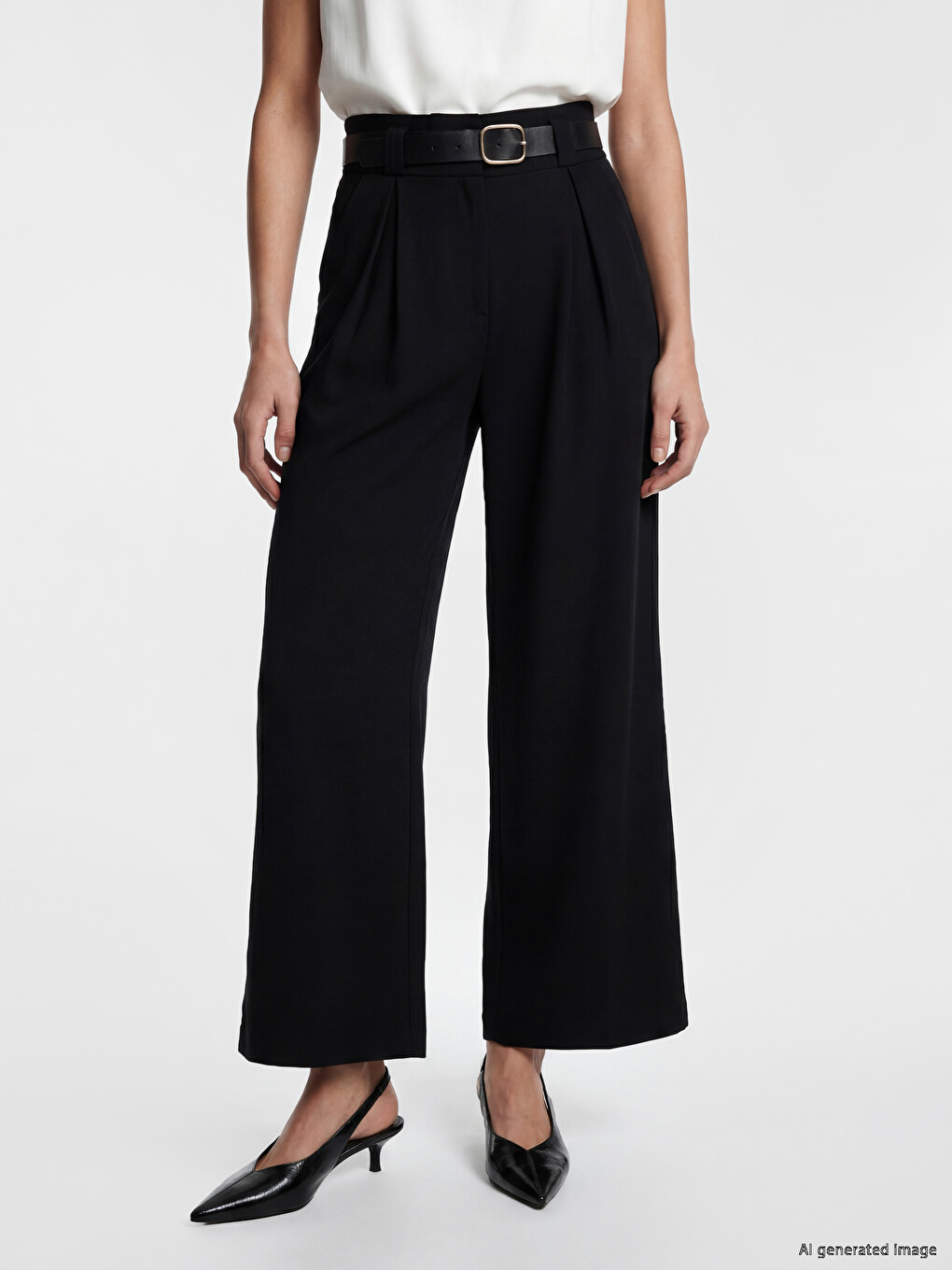Belted Pleated Women's Fabric Trousers-1