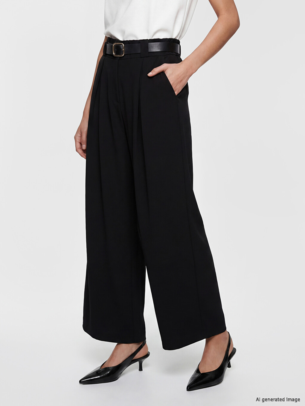 Belted Pleated Women's Fabric Trousers-2