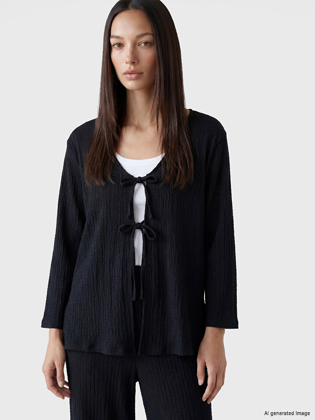 V Neck Tie-Up Textured Women's Cardigan