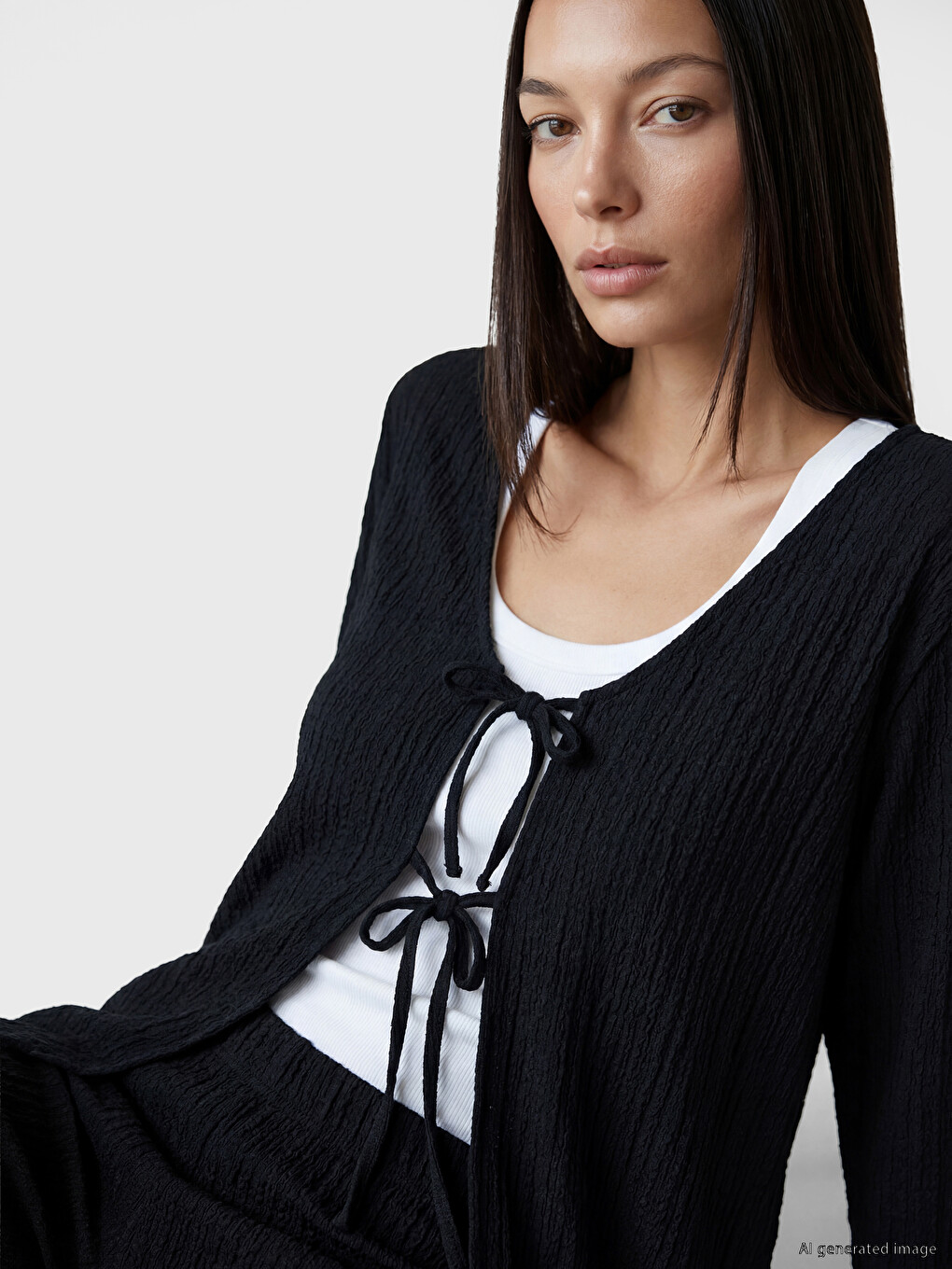 V Neck Tie-Up Textured Women's Cardigan-1