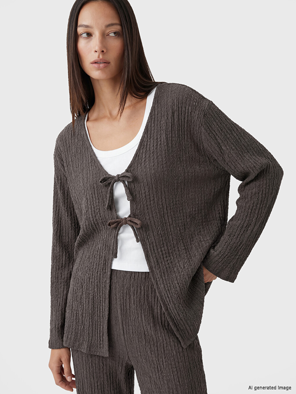 V Neck Tie-Up Textured Women's Cardigan