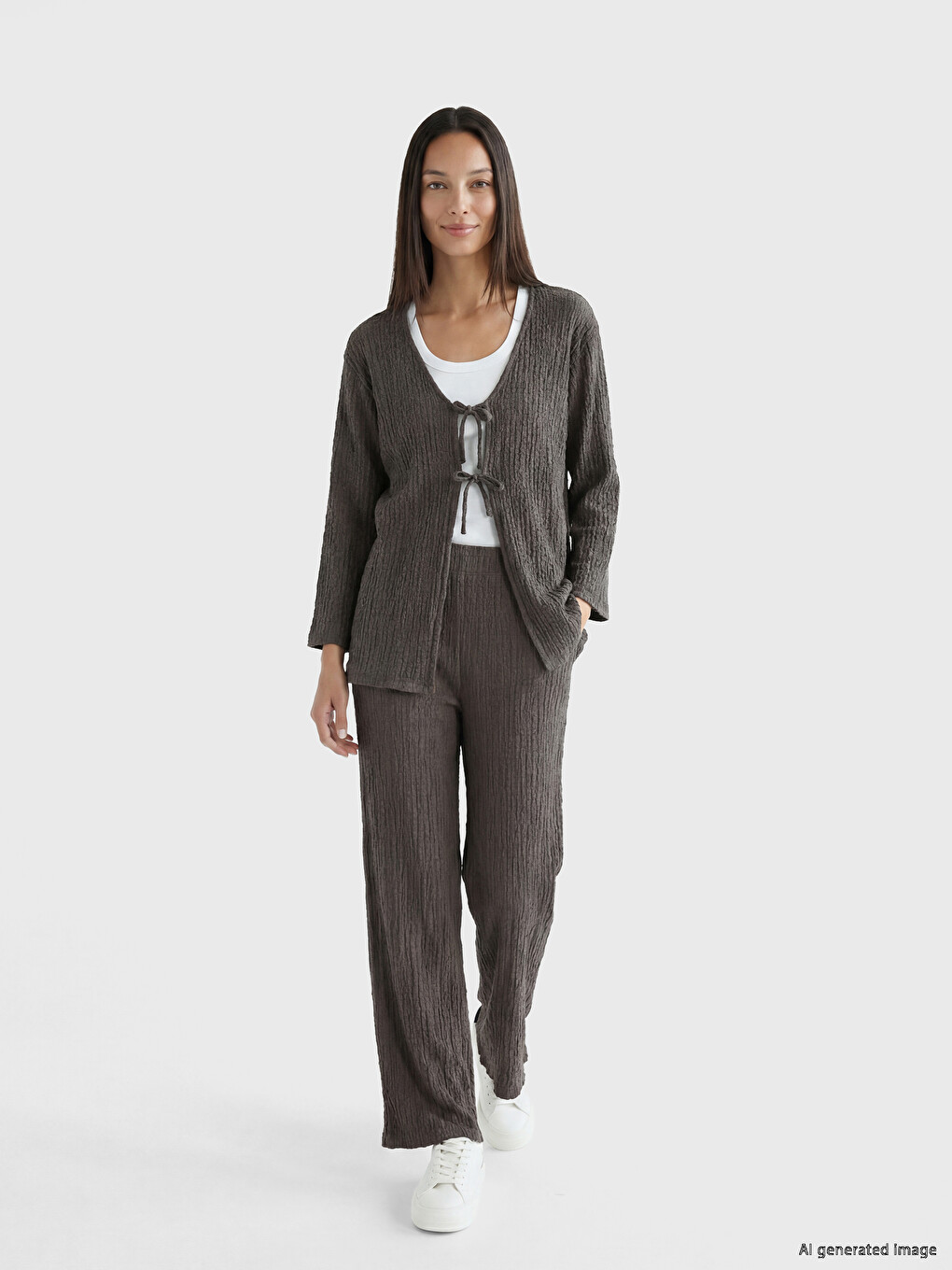 V Neck Tie-Up Textured Women's Cardigan-1