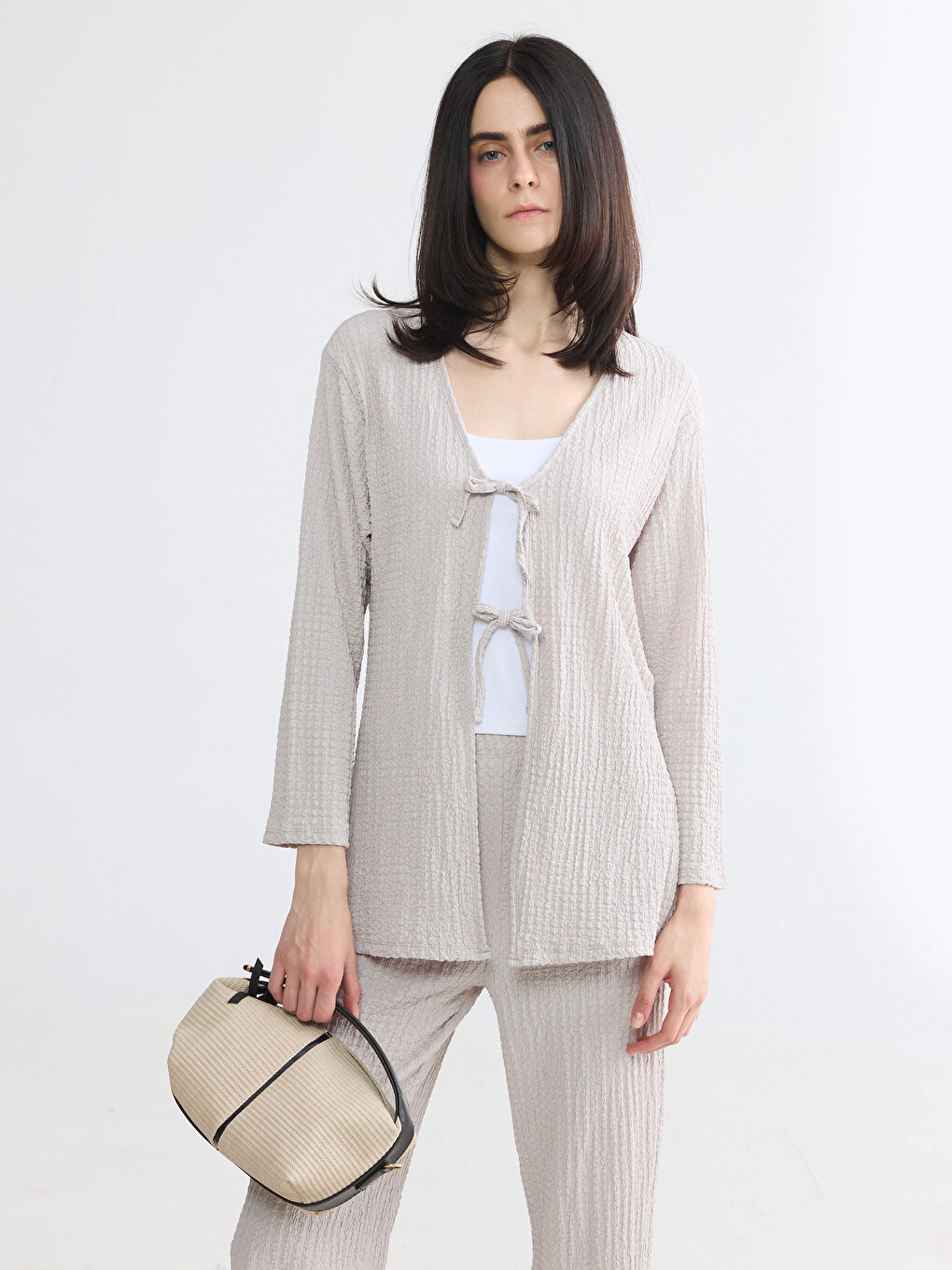 V Neck Tie-Up Textured Women's Cardigan