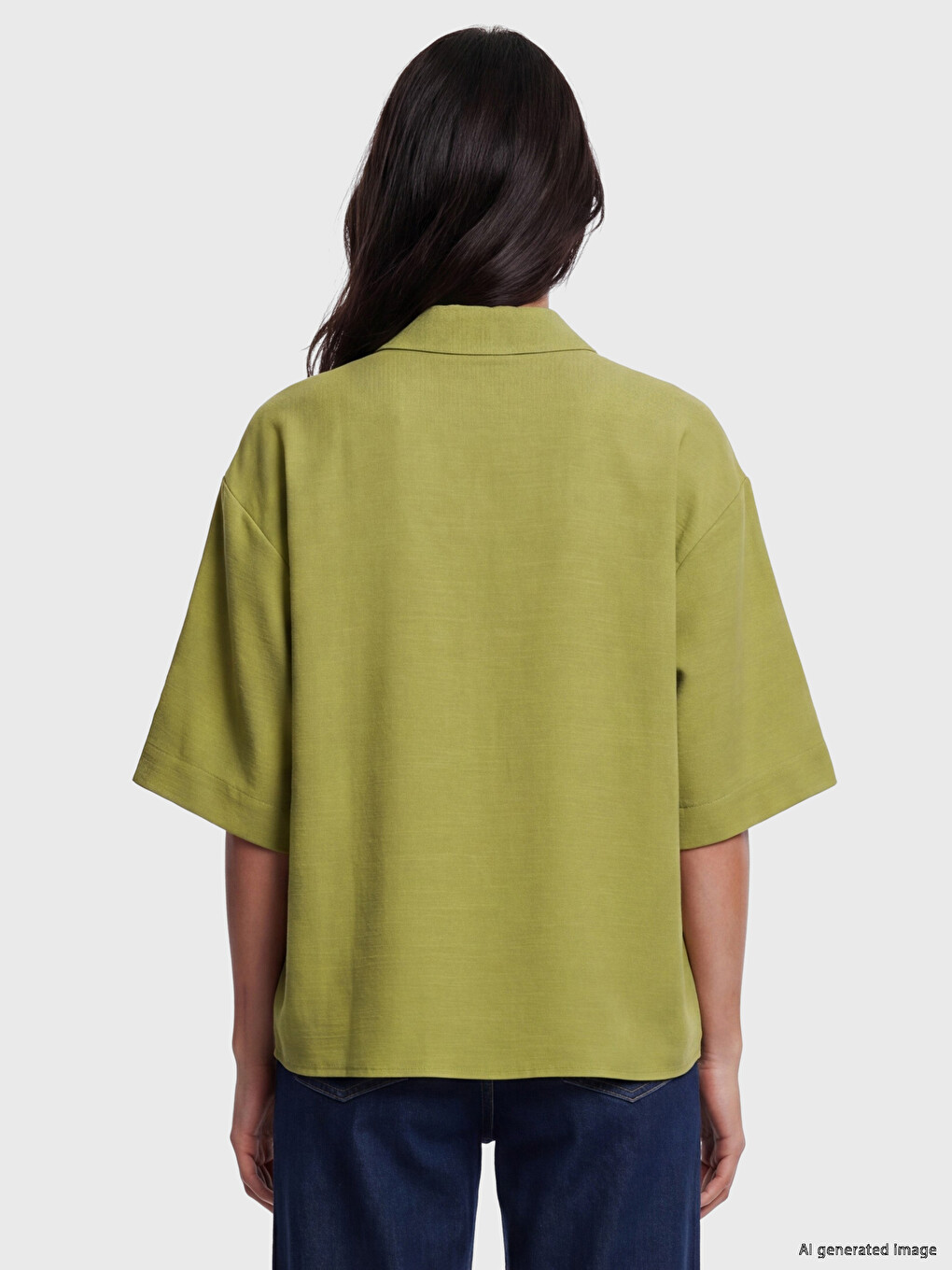 Yeşil Keten Karışımlı Oversize Kadın Gömlek-3