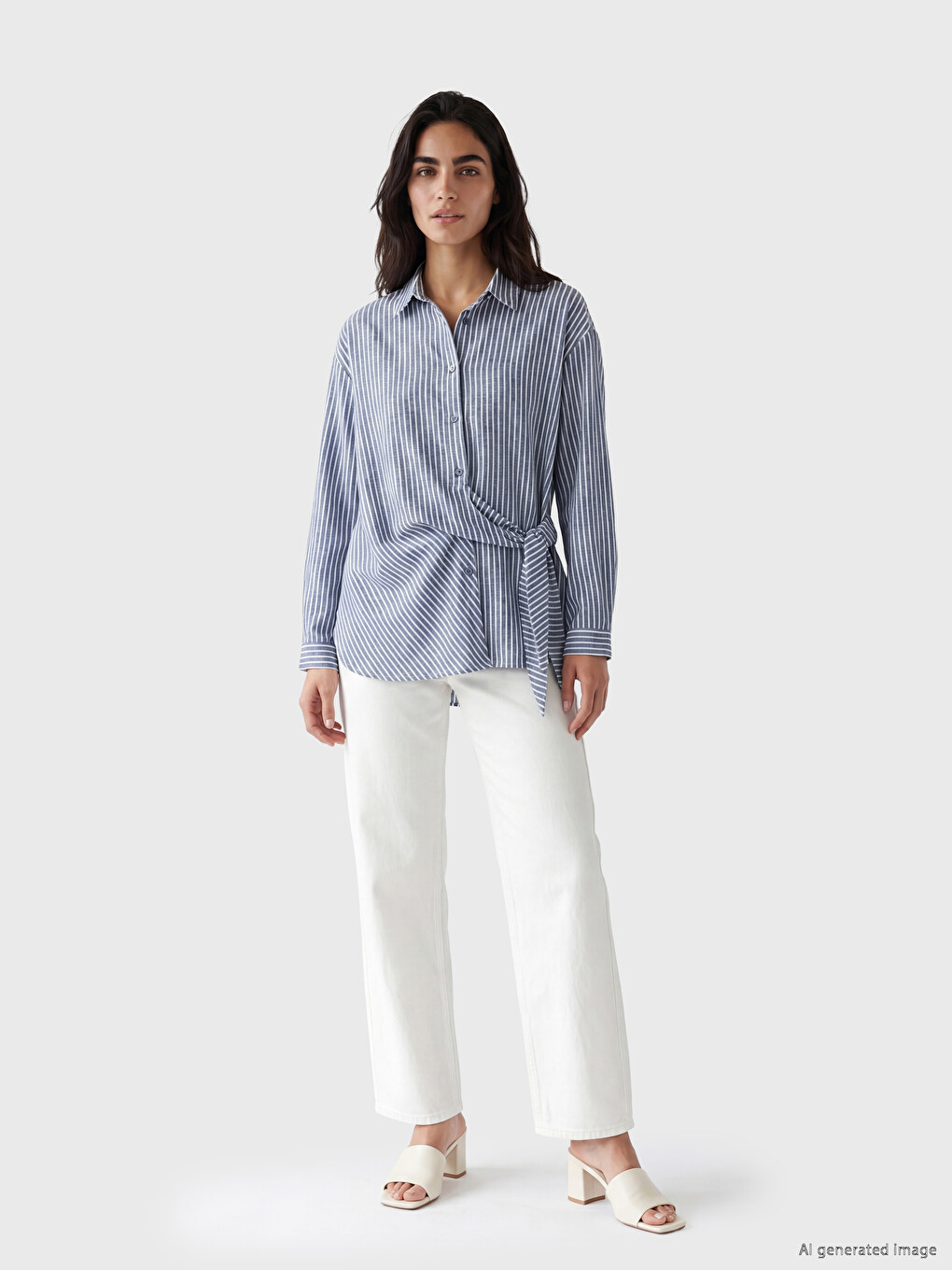 Tie Detailed Striped Women's Shirt-1