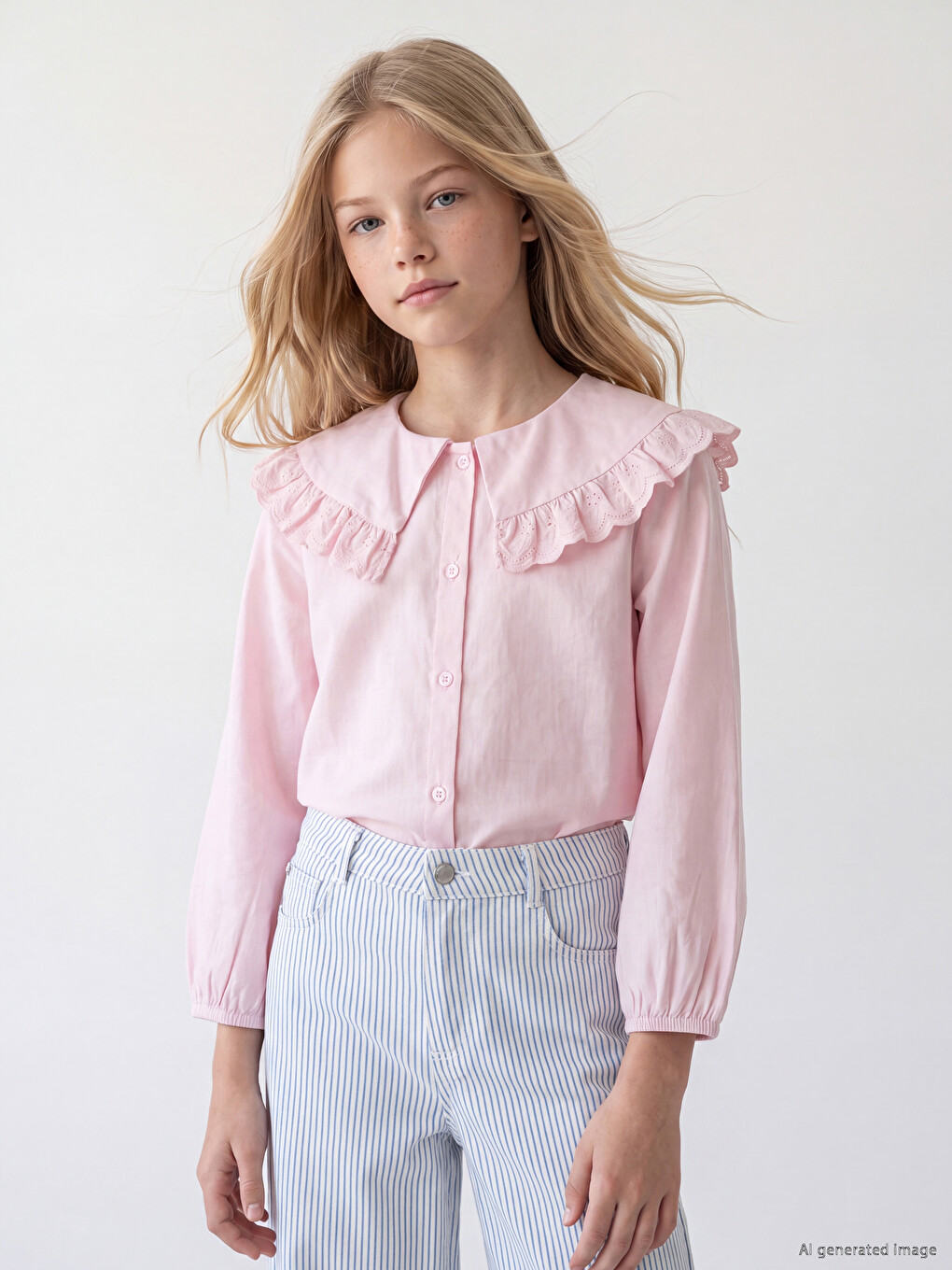Ruffle Detailed Peter Pan Collar Girls' Shirt-1