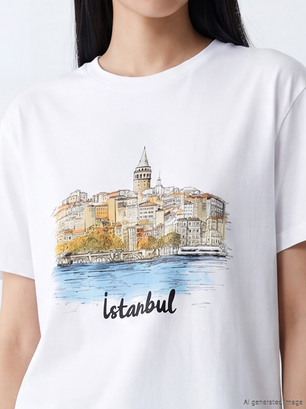 Beyaz Bisiklet Yaka İstanbul Baskılı Kadın Tişört-2