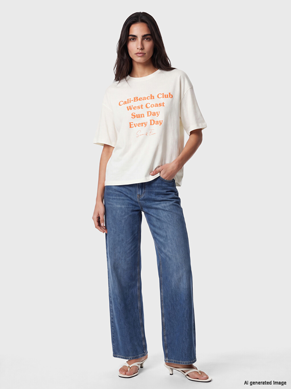 Ekru Oversize %100 Pamuklu Kadın Tişört-1