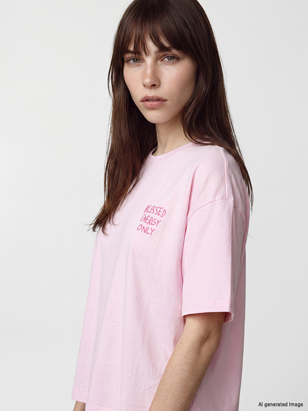 Pembe %100 Pamuklu Oversize Kadın Tişört-2