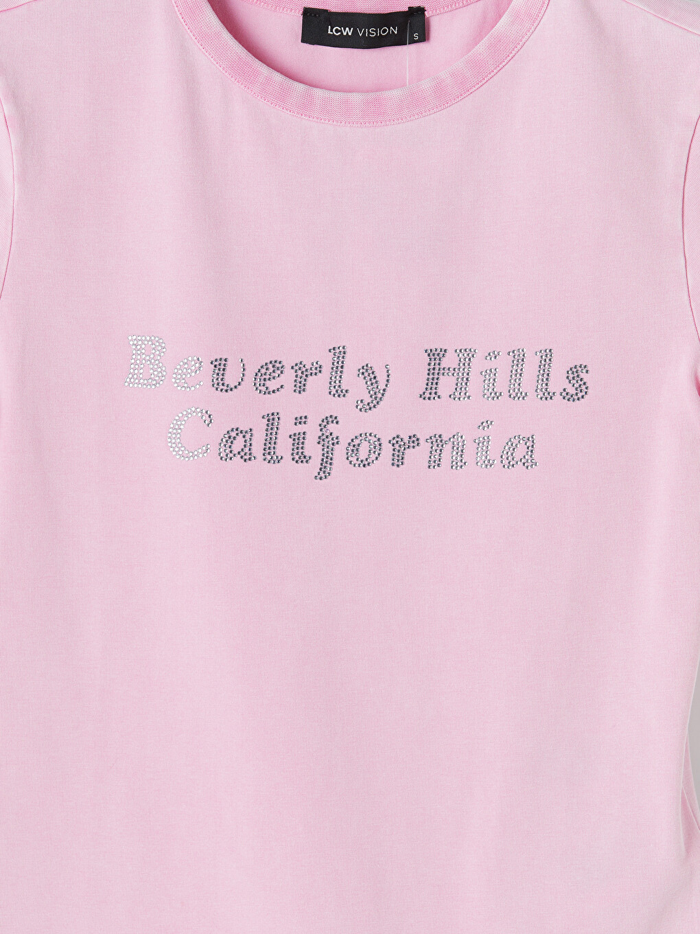 Pembe Beverly Hills Taş Baskılı Kadın Tişört-1