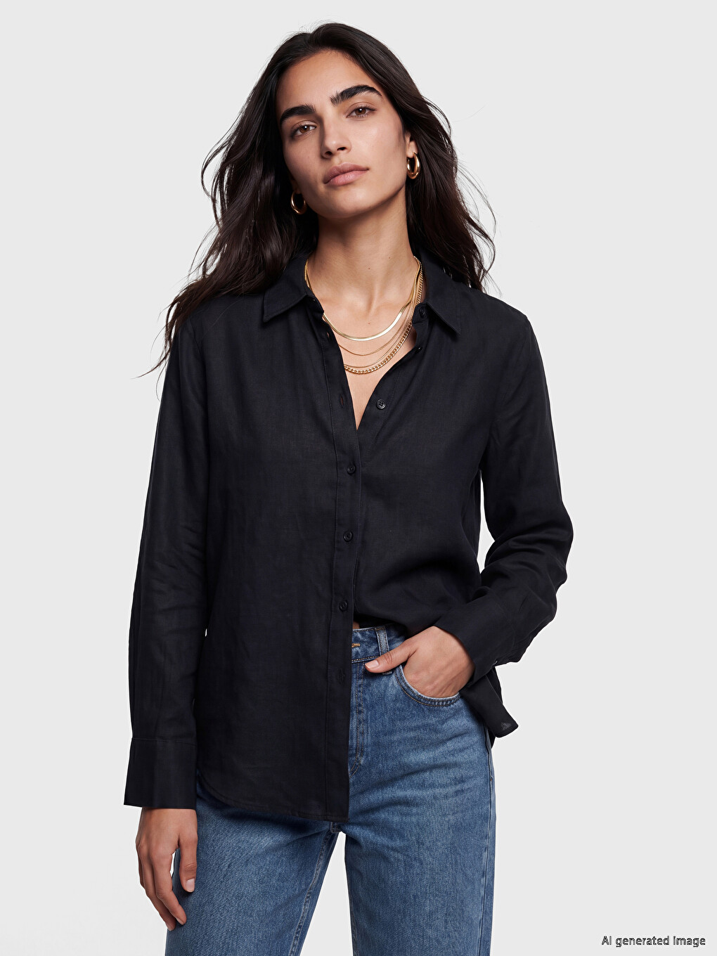Siyah Oversize Kadın %100 Keten Gömlek