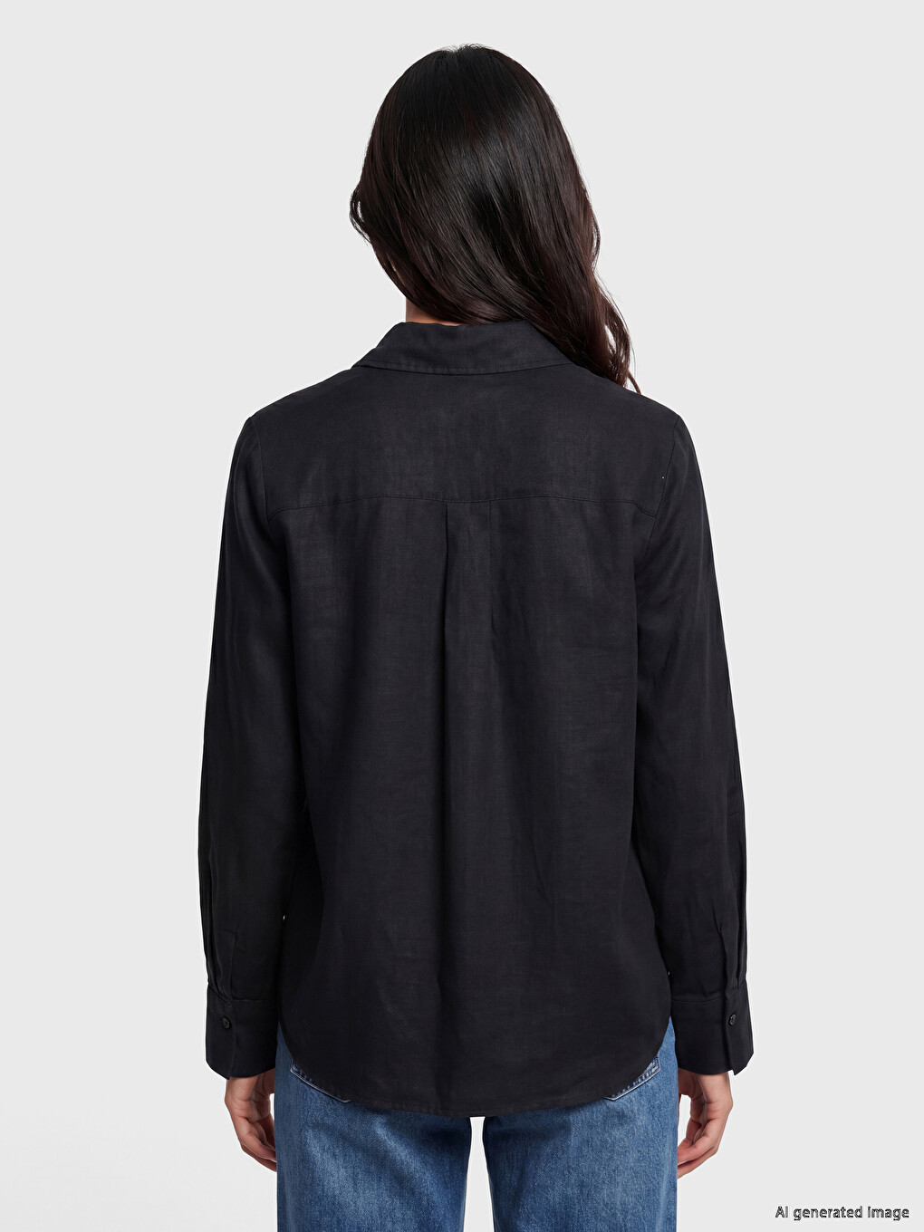 Siyah Oversize Kadın %100 Keten Gömlek-3