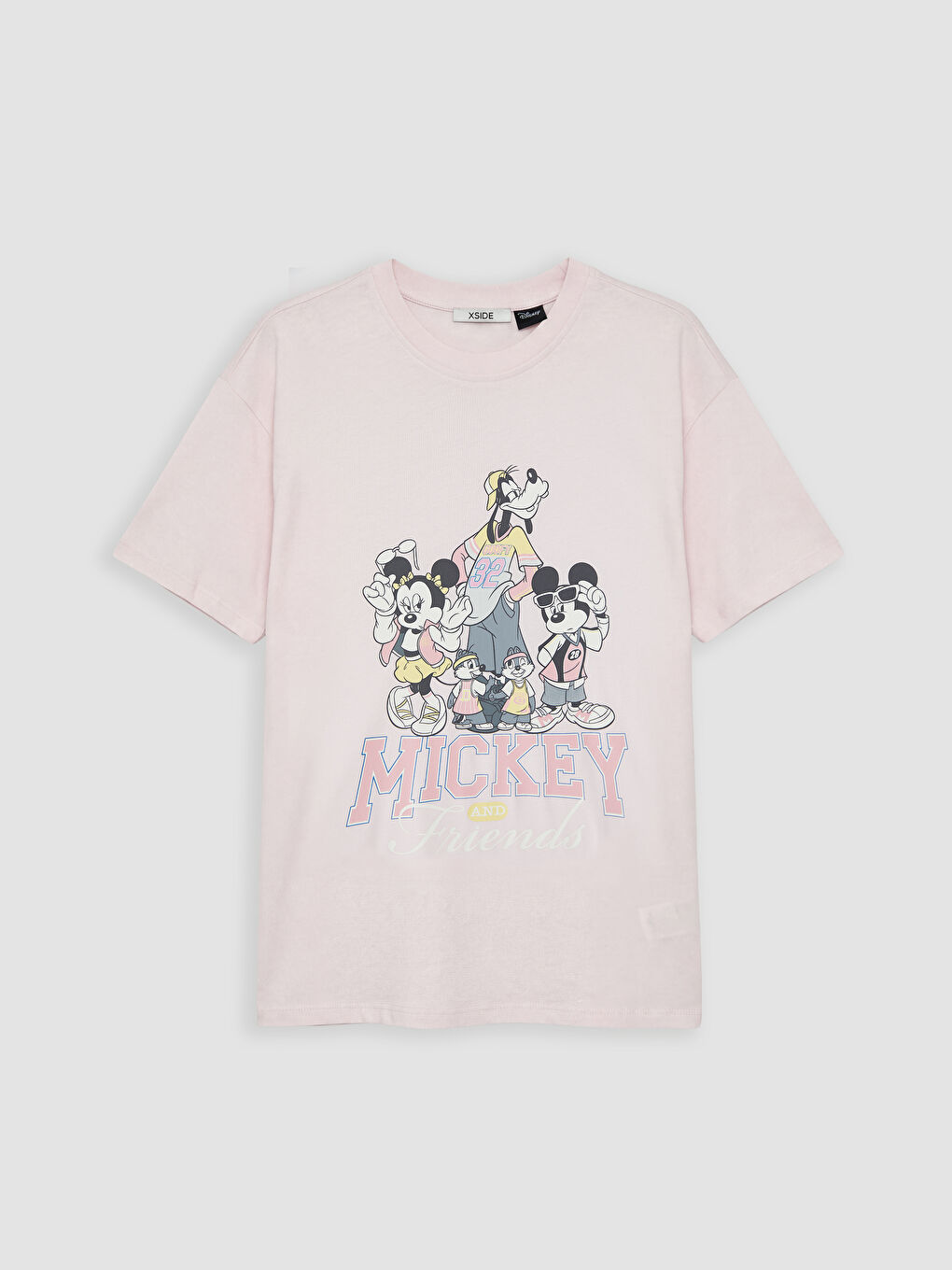 Pembe Bisiklet Yaka Mickey Mouse Baskılı Kadın Tişört