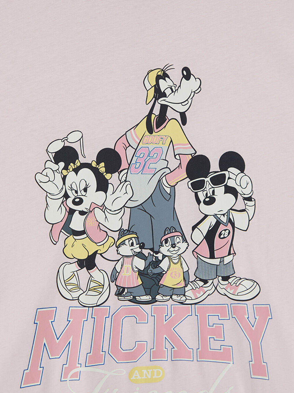 Pembe Bisiklet Yaka Mickey Mouse Baskılı Kadın Tişört-1