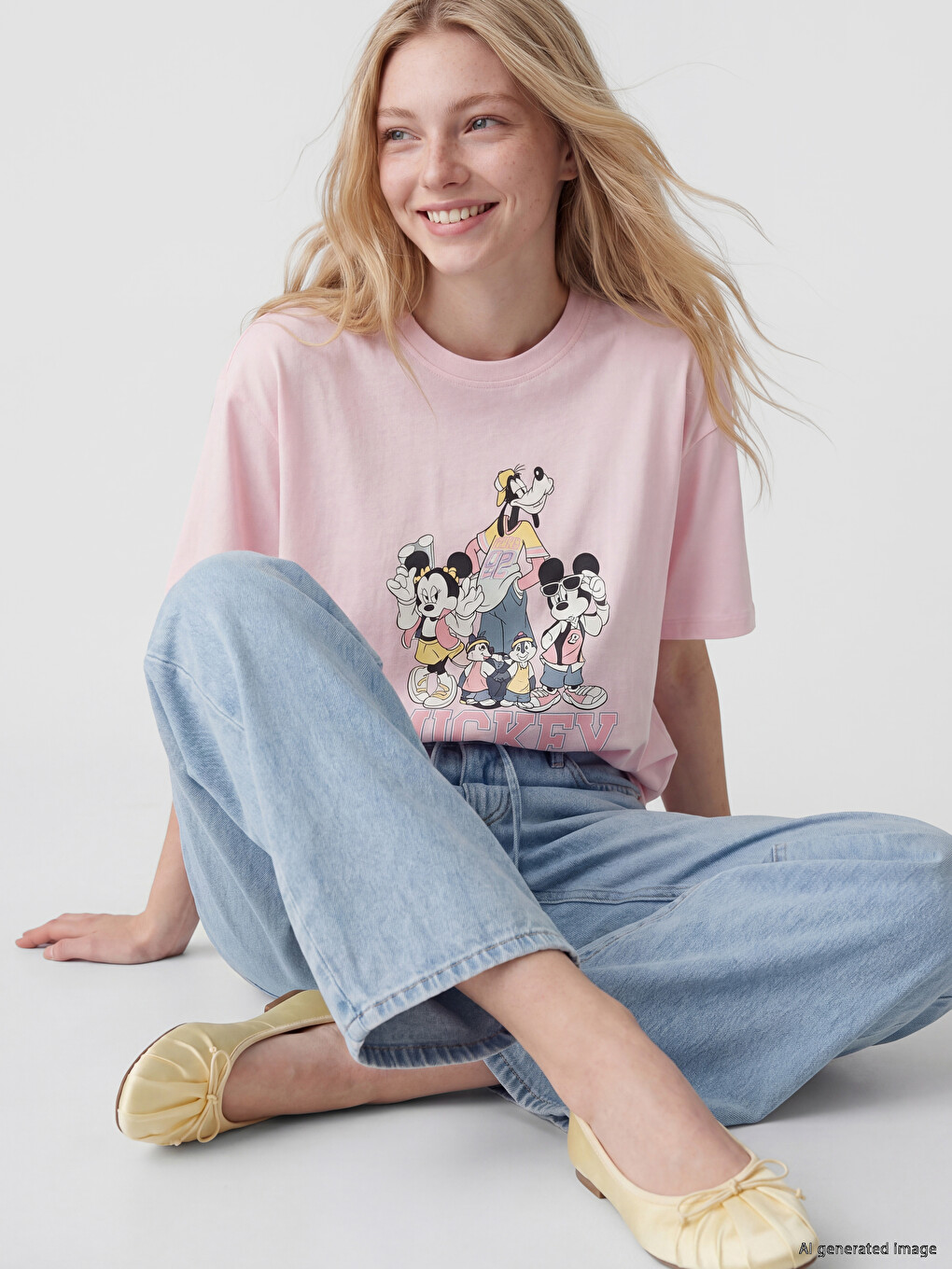 Pembe Mickey Mouse Baskılı %100 Pamuklu Kadın Tişört