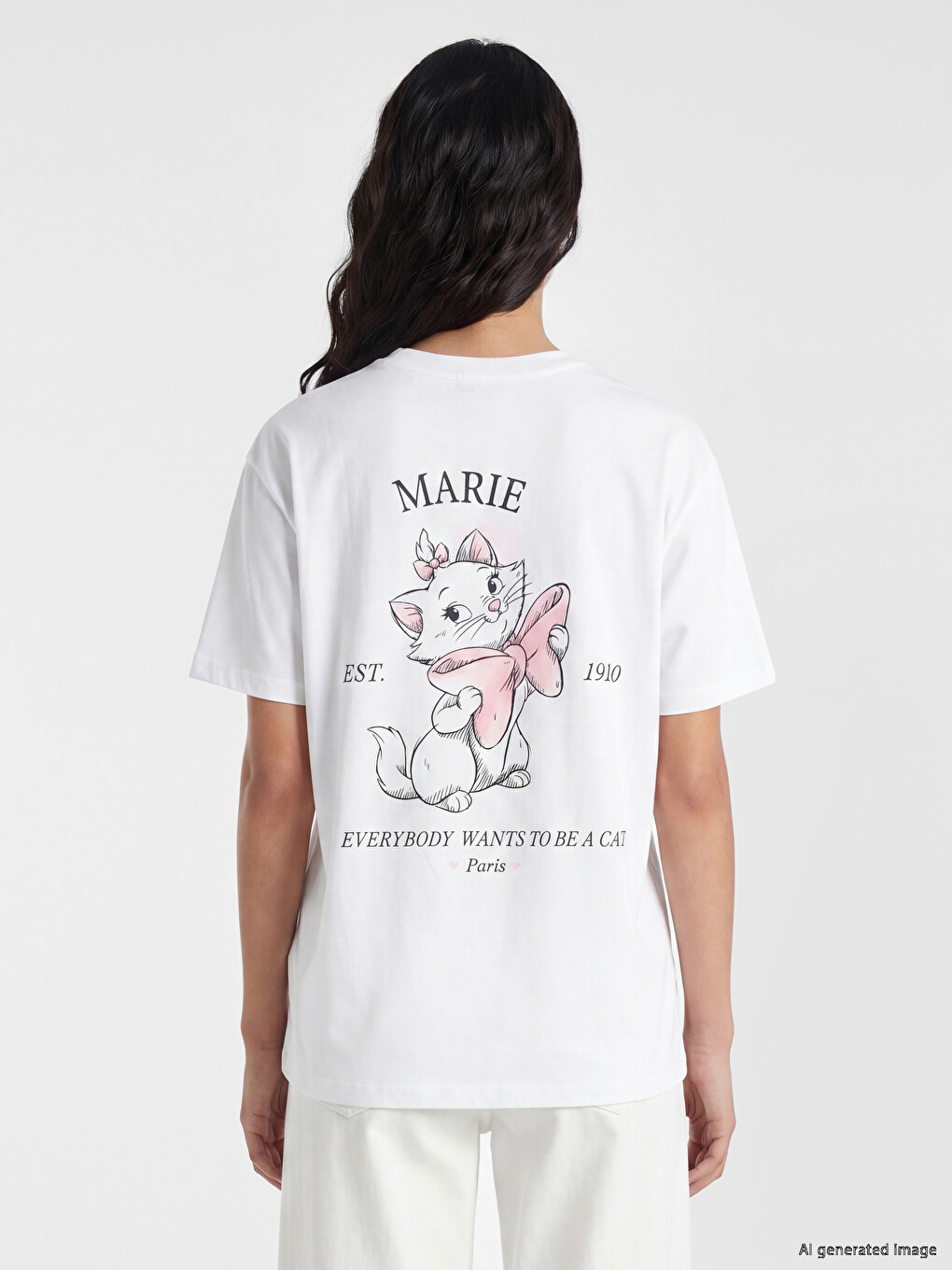 Beyaz Marie Baskılı %100 Pamuklu Kadın Tişört-3