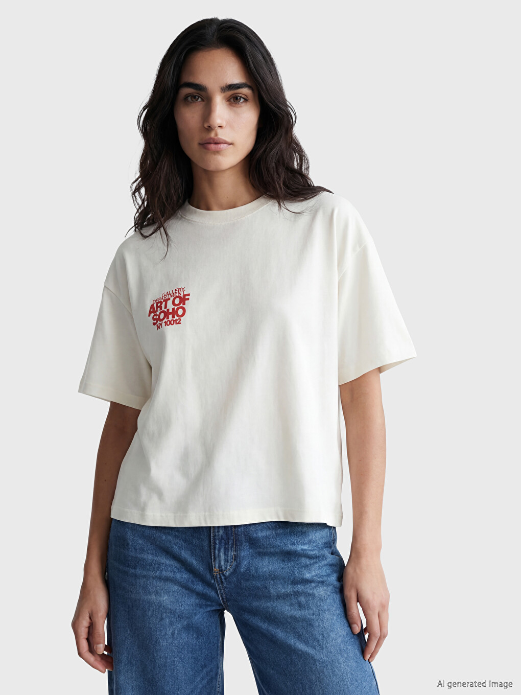 Ekru Nyc Baskılı Oversize %100 Pamuklu Kadın Tişört