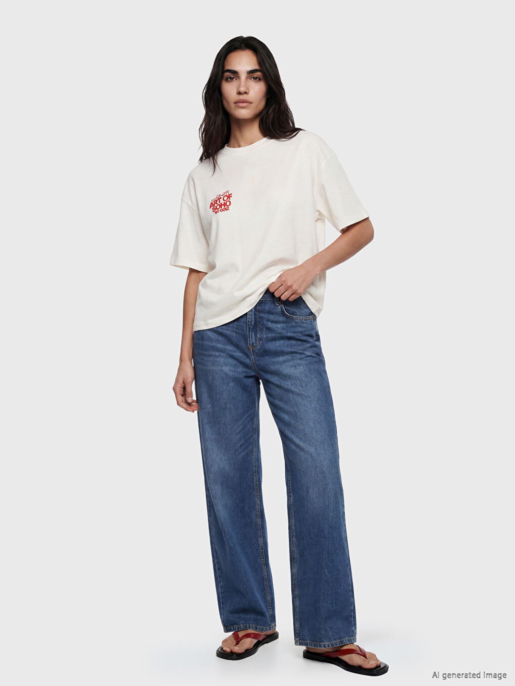 Ekru Nyc Baskılı Oversize %100 Pamuklu Kadın Tişört-1