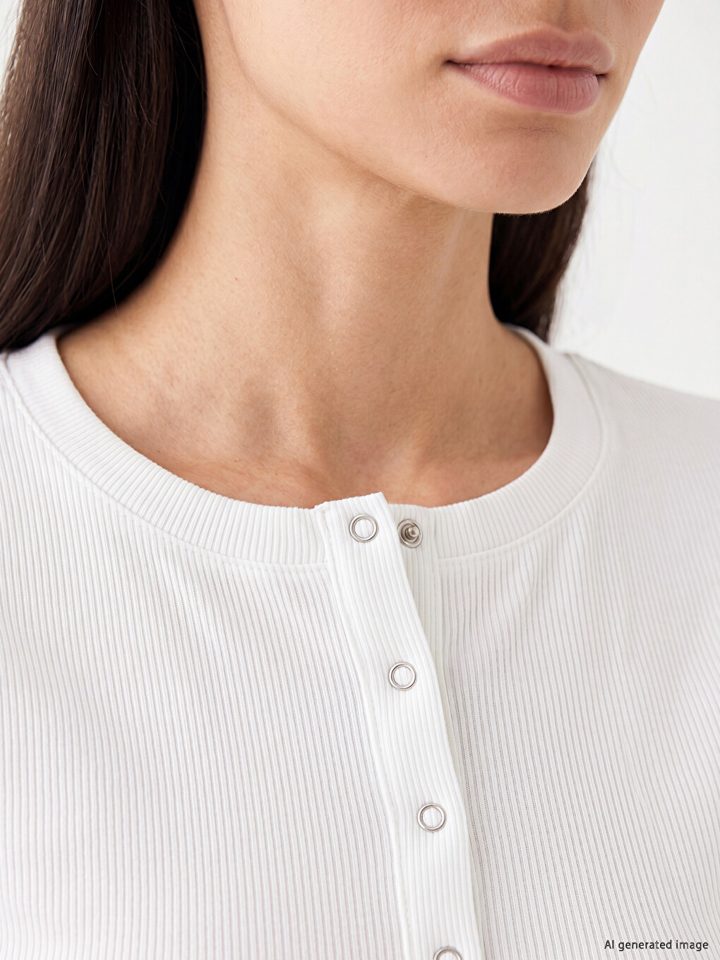 Crew Neck Buttoned Women's Ribbed T-shirt-2