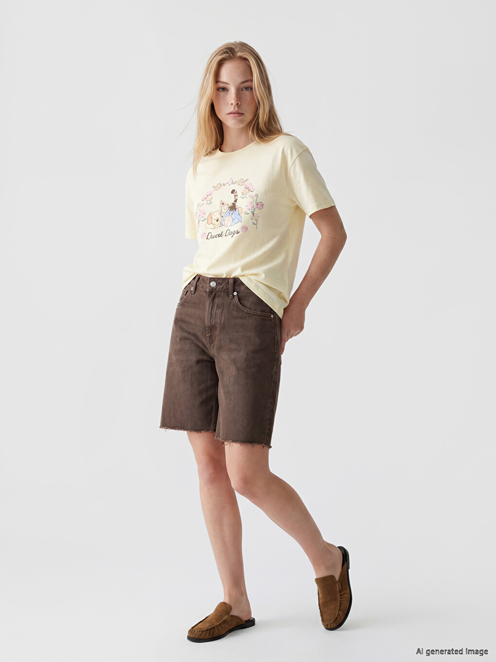Sarı Winnie the Pooh Baskılı %100 Pamuklu Kadın Tişört-1