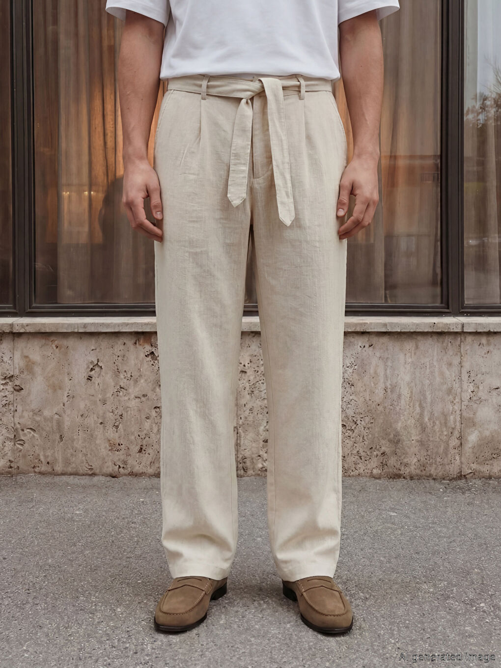 Ekru Regular Fit Keten Görünümlü Erkek Pantolon-1