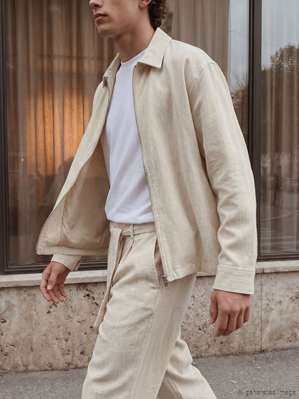 Ekru Regular Fit Keten Görünümlü Erkek Ceket-3