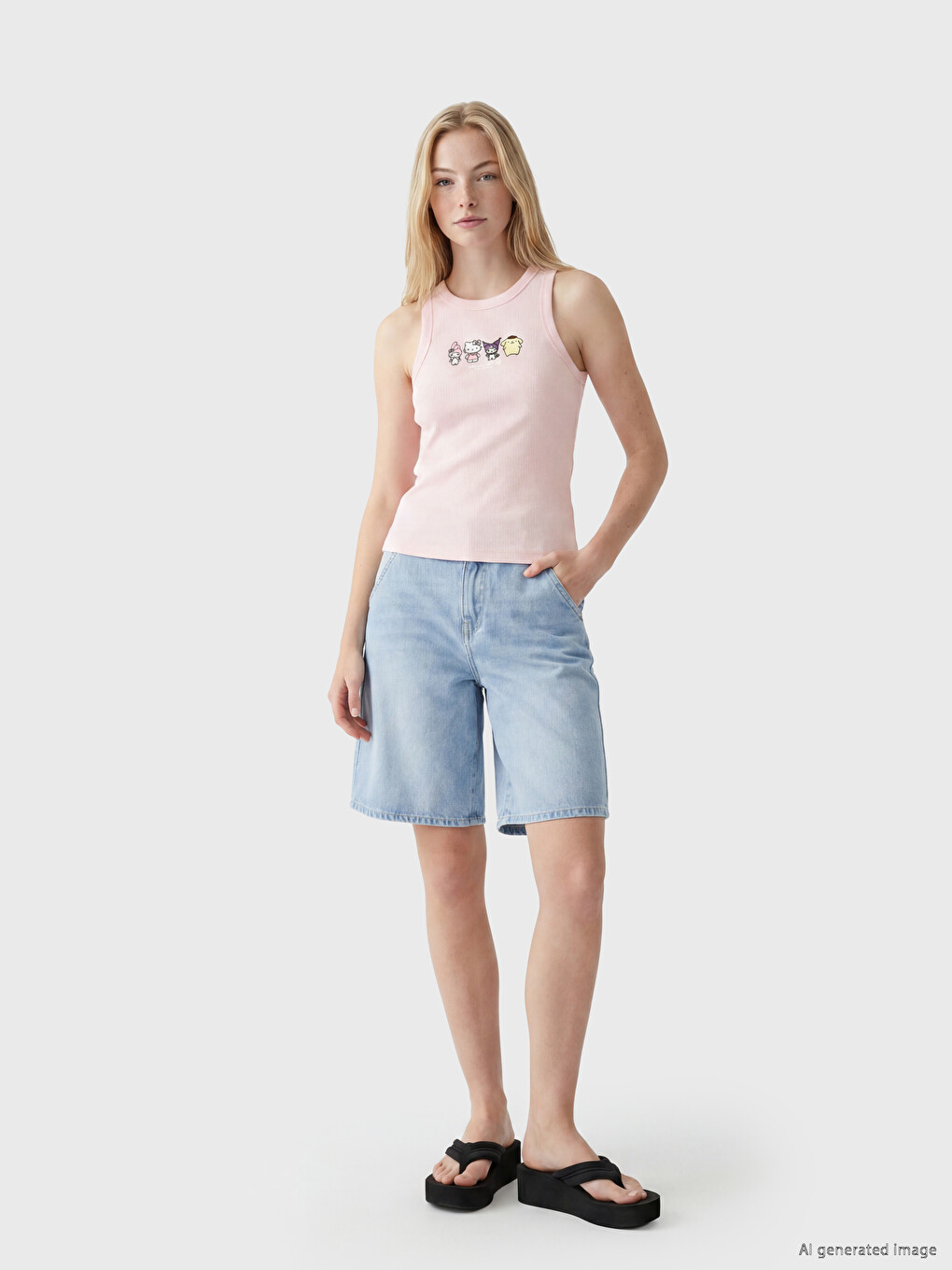 Crew Neck Hello Kitty Printed Women's Tank Top-1
