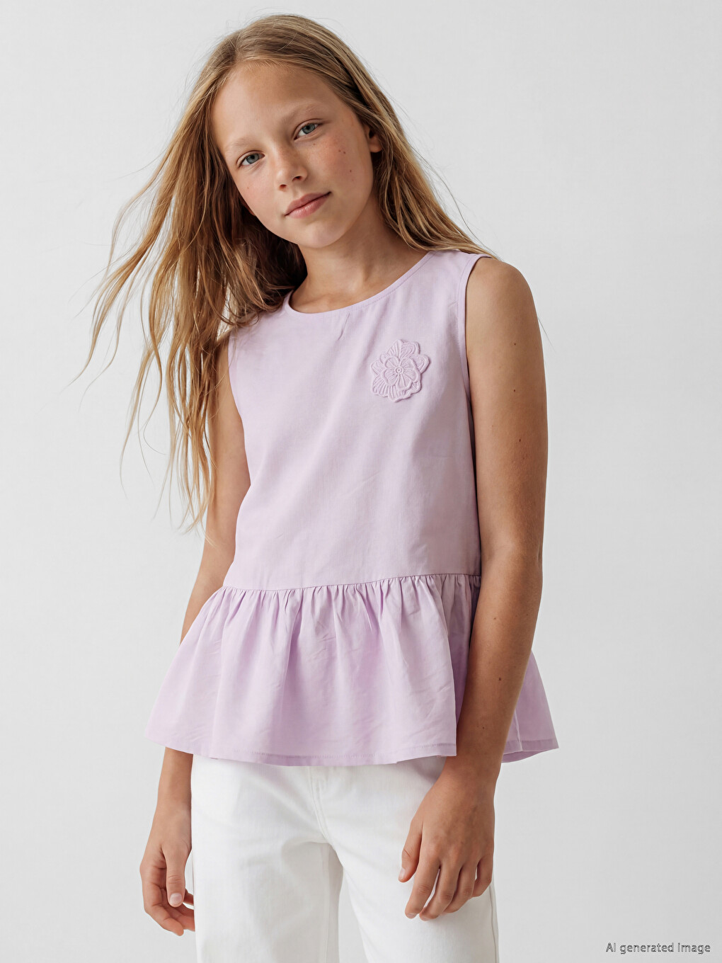 Lila Nakışlı Kız Çocuk Peplum Bluz