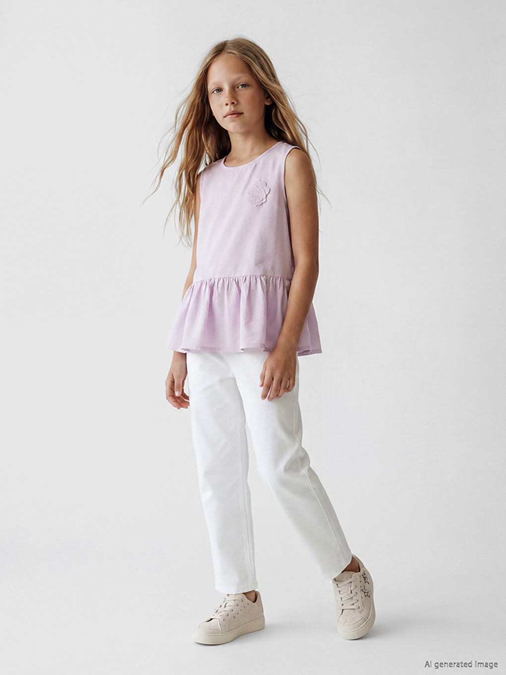 Lila Nakışlı Kız Çocuk Peplum Bluz-1