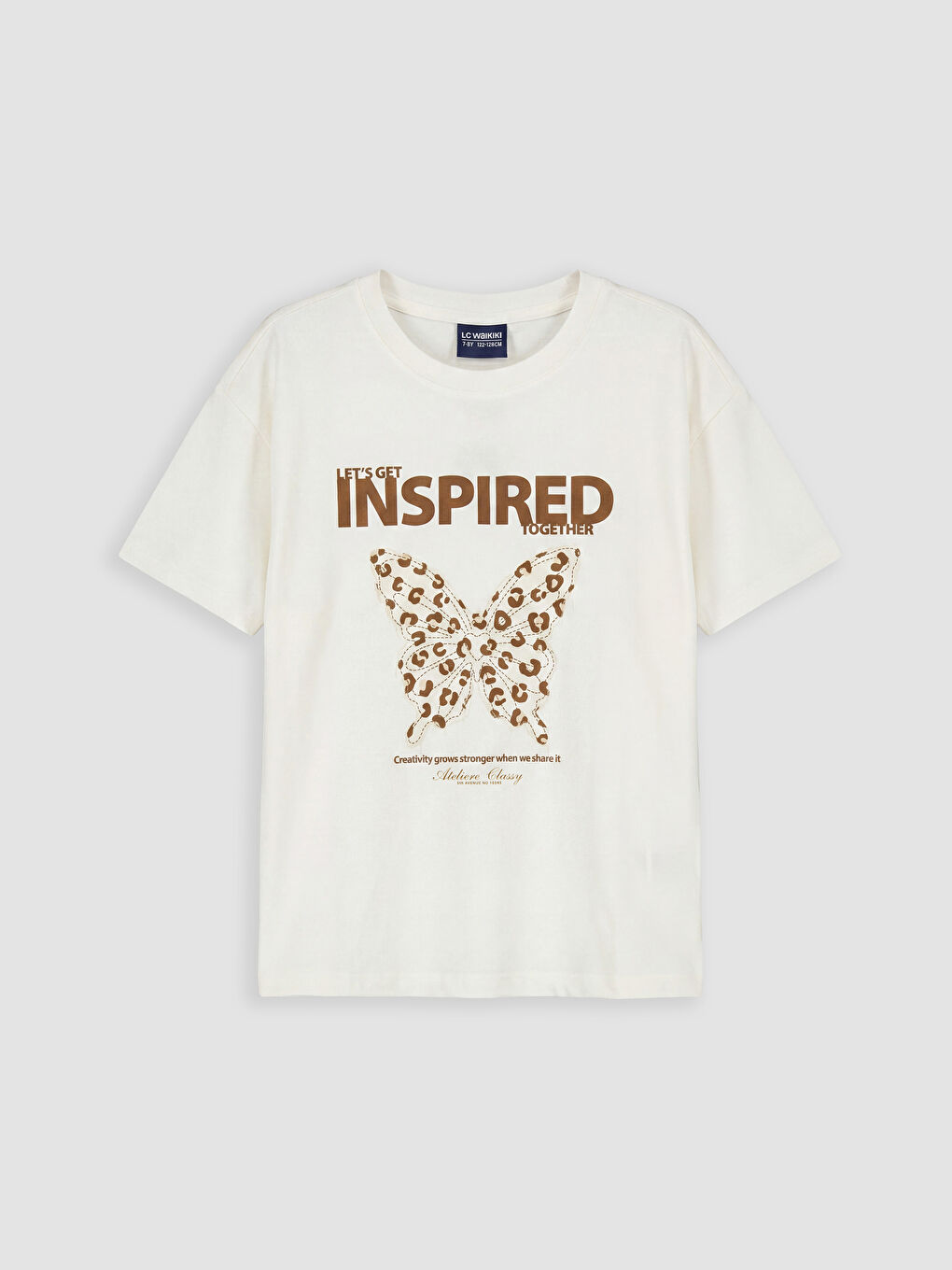 Ekru Kelebek Baskılı Kız Çocuk Tişört