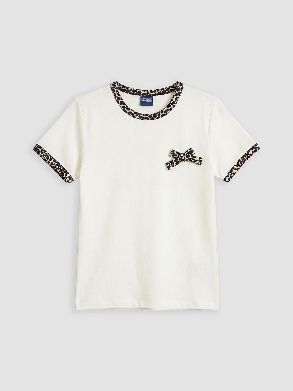 Ekru Bisiklet Yaka Desenli Fiyonklu Kız Çocuk Tişört